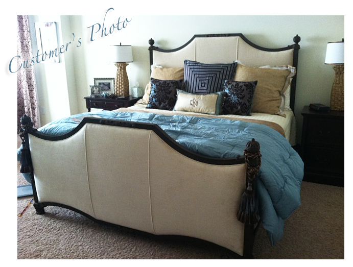 Lara's luxurious bedroom with upholstered iron bed
